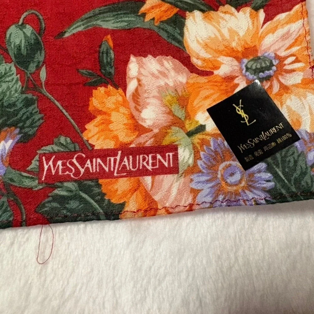 Vtg YVES SAINT LAURENT Scarf Handkerchief Floral Cotton Red Orange Yellow 19